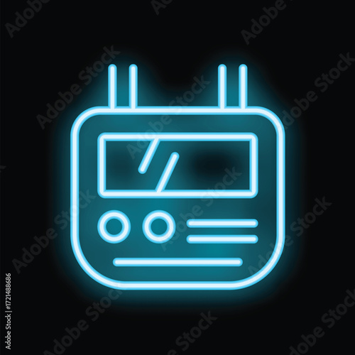 Bright blue neon radio icon glowing in the dark, representing radio broadcasting and listening