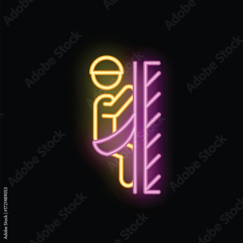 Neon sign depicting a construction worker wearing a safety harness and climbing a ladder, set against a dark background