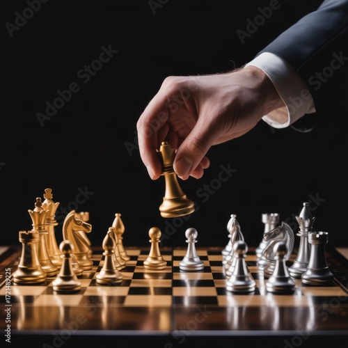 Strategic Mind: A poised hand maneuvers a chess piece, symbolizing thoughtful planning, sharp decision-making, and strategic foresight in the pursuit of triumph.