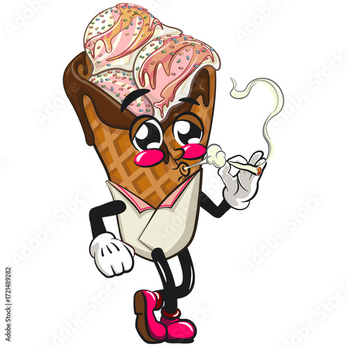waffle ice cream with chocolate and sprinkles mascot smoke calmly, work of hand drawn
