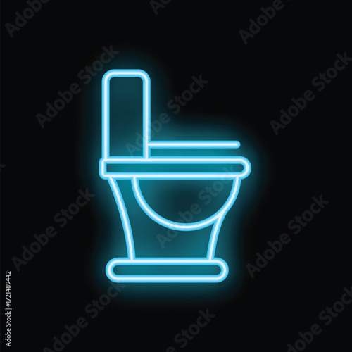 Blue neon icon of a toilet glowing on a black background, perfect for websites and mobile apps