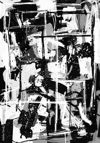 Dynamic black and white abstract art with chaotic paint splatters and expressive brushstrokes, modern monochrome graphic texture