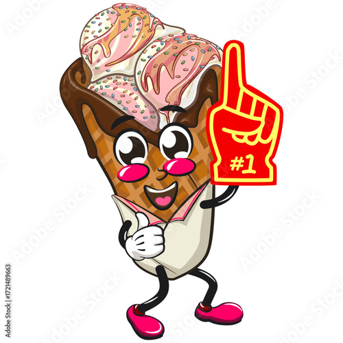waffle ice cream with chocolate and sprinkles mascot raise finger foam, work of hand drawn