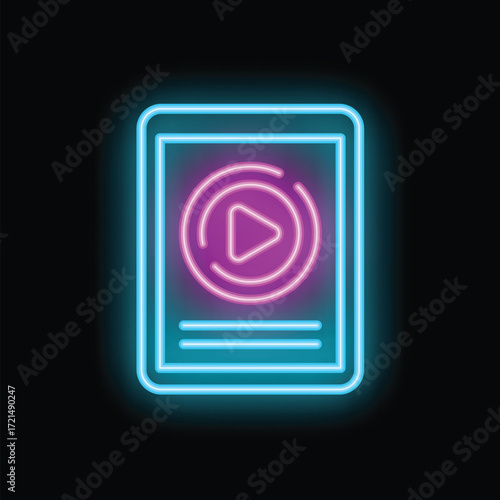Glowing neon sign representing video player app on smartphone screen on black background
