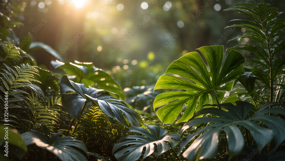 Fototapeta premium Abstract Green Leaves with Sunlight and Bokeh Background