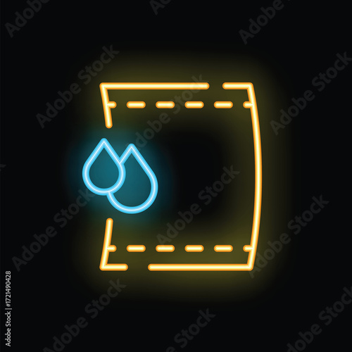 Bright neon icon of a wet wipe or tissue paper with water drops, evoking hygiene and cleanliness