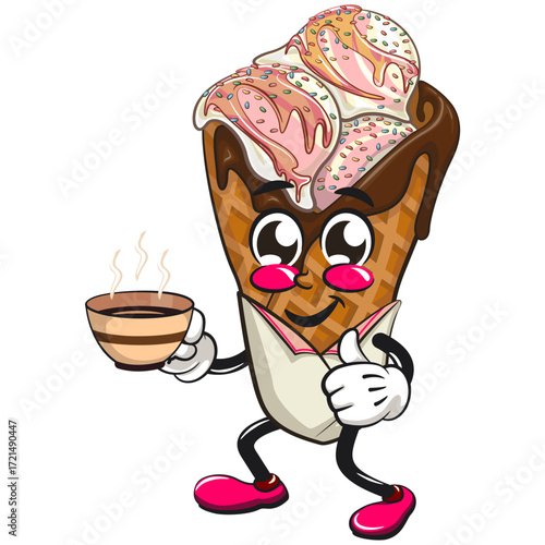 waffle ice cream with chocolate and sprinkles mascot with a cup of coffee or tea while giving a thumbs up, work of hand drawn