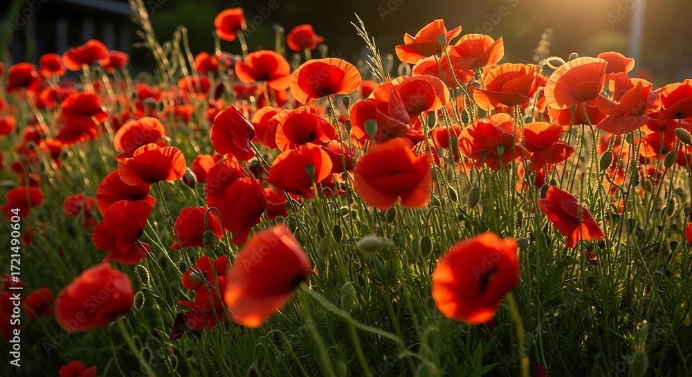 Obraz premium Field of vibrant red poppies illuminated by warm golden hour sunlight poppy red poppy