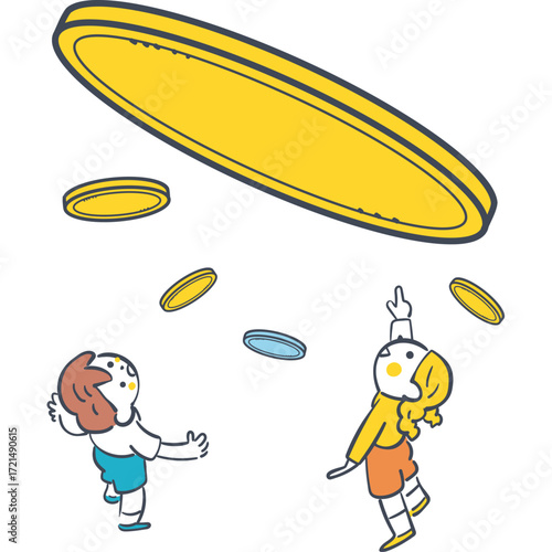 大きなお金に手を伸ばす子どもたち　お金の価値と未来を学ぶイラスト
