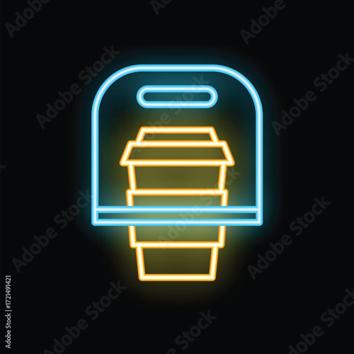 Neon sign of a coffee cup holder glowing on a dark background, perfect for designs about coffee shops and takeout beverages