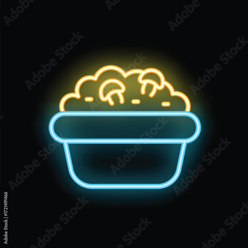 Bright, colorful neon sign depicting a bowl overflowing with mushrooms, set against a dark background