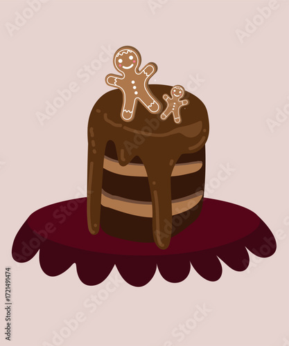 Cake with Dark Chocolate and Pink Cream at Gingerbread Decoration