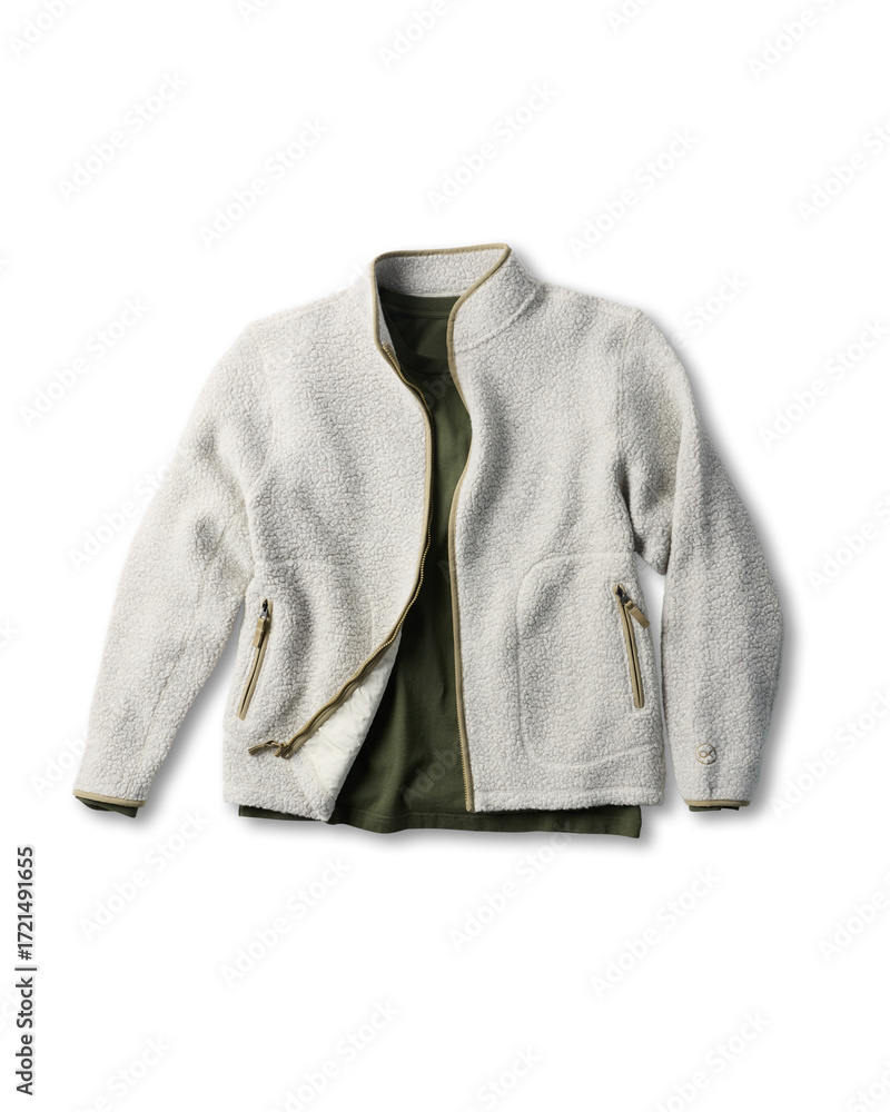 Fototapeta premium Creamy white sherpa fleece jacket with olive green t shirt layered sherpa jacket cream jacket