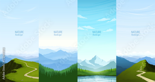 Set of natural mountain backgrounds. Trail leading to the top of the cliff. Panoramic view of the mountains. Green valley near the river. Clear sky. Vector image. Concept of tourism, travel.