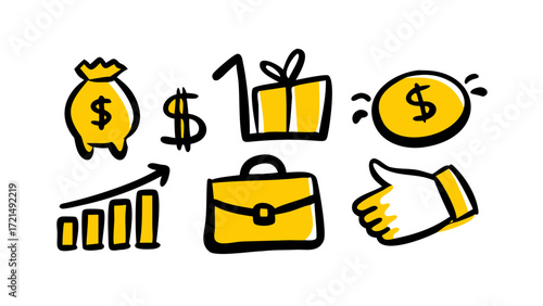Set of bright yellow icons representing financial concepts like money, growth, and gifts
