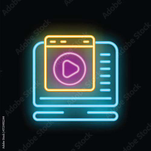 Neon sign depicting a computer screen displaying a video player window, suggesting online streaming and digital content consumption