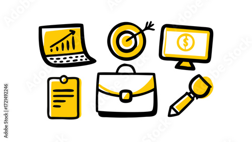 Business Icons and Symbols Representing Growth, Goals, Finance, Work, and Presentation