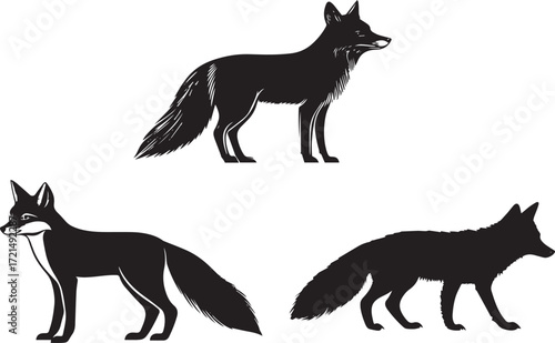black silhouette of a fox, vector illustration on a white background, simple design with solid lines, side view, simple shapes, flat color, no shading, vector graphic style
