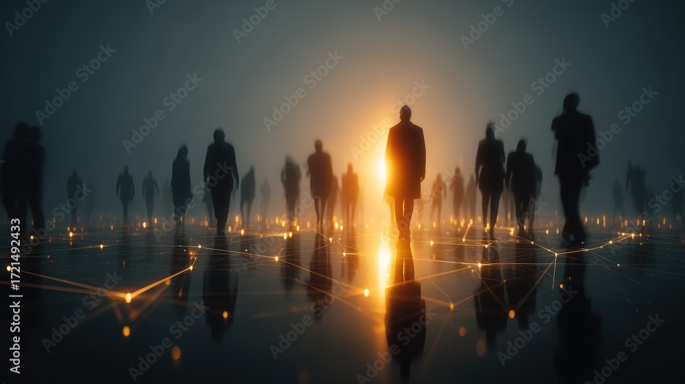 Fototapeta premium Shadowy figures stand in a digital landscape, illuminated by a glowing light, creating a mysterious and futuristic atmosphere.