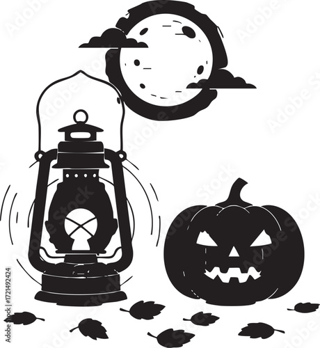 Halloween silhouette of old lantern, pumpkin lantern, full moon and autumn leaves
