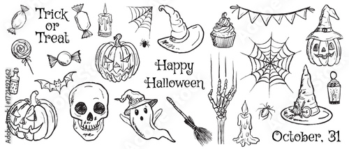 Set of Halloween craft drawing with carved pumpkin, skull, wizard hat, cobweb, ghost in black brush stroke texture isolated on white. Hand drawn vector sketch illustration in vintage charcoal ink