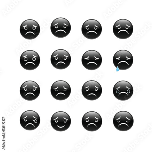 Collection of sixteen black glossy emoji faces, each expressing a different emotion, from sadness to joy.