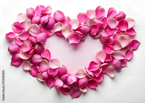 Heart shape made of pink rose petals on a white background