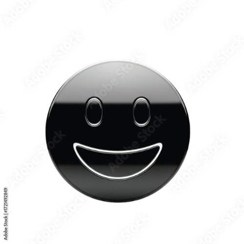 Shiny black smiley face with a happy expression on a white background.