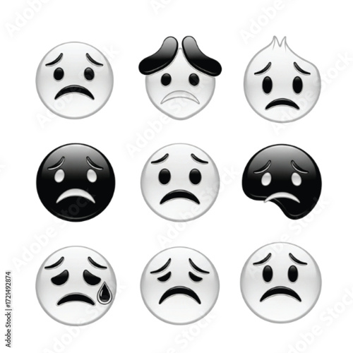 Various grayscale sad face emojis, showcasing different expressions and styles.