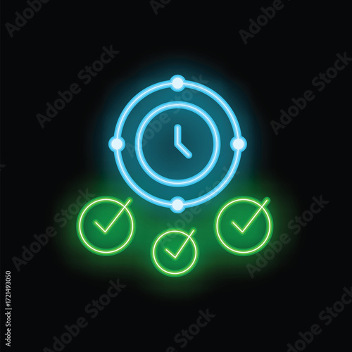 Neon clock is connected to three check marks, representing the successful completion of tasks within a specific timeframe