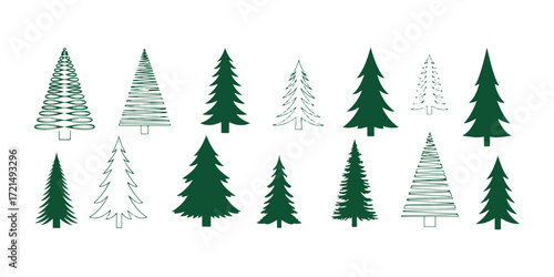 Xmas trees create a pine icon silhouette vector, all set against a white background.