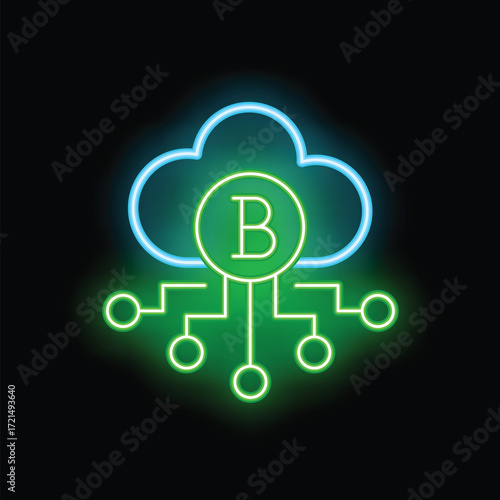 Glowing neon icon of bitcoin connecting to a network through cloud computing
