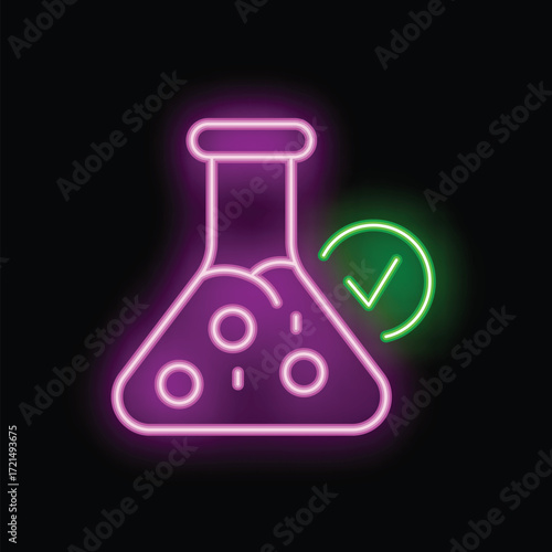 Neon icon of a chemical experiment succeeding, with a green checkmark next to an erlenmeyer flask