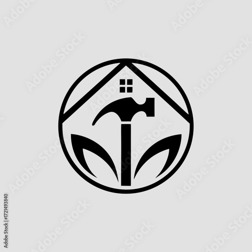 Circular logo with house roof hammer and leaves on gray background Keywords: logo, circular