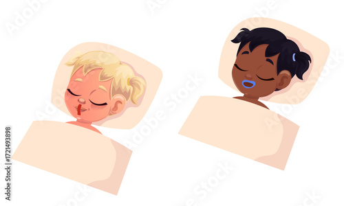Flat design of children with taped mouths lying in bed to improve sleep and oxygenate the body. For brochures, internet, advertising