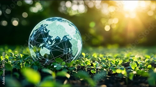 Transparent globe resting on green plants, symbolizing global interconnectedness and environmental consciousness.