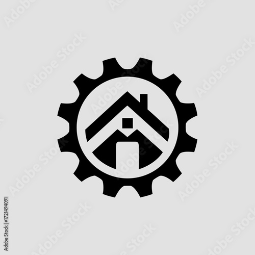 Black house symbol inside a gear on a gray background home cogwheel