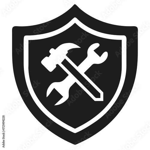 Black shield icon with crossed hammer and wrench on a black background protection security
