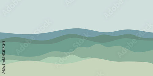 Minimal abstract green tranquil horizon, soft wave layered background for yoga, balance, and calm relaxation themes