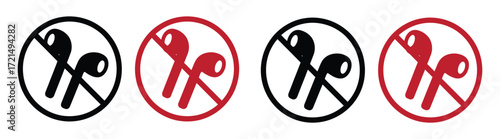 Vector art of earbud icons, showcasing both allowed and prohibited usage, with black and red color schemes, indicating audio device regulations or restrictions