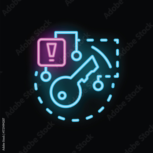 Neon cyber security system showing exclamation point warning sign in key shape padlock is detecting security breach