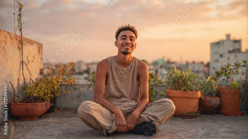 Young man smiling while sitting on rooftop with pots of plants  