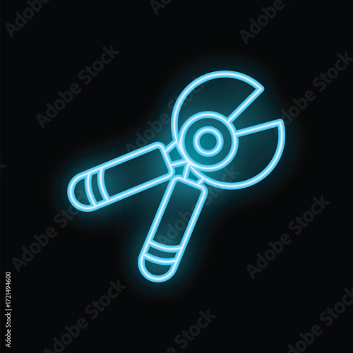 Blue neon icon of secateurs glowing on a dark background, representing gardening and plant care