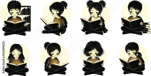 Cartoon children reading books, kids learning education, school students studying knowledge, classroom learning concept, cute illustration, happy children with books