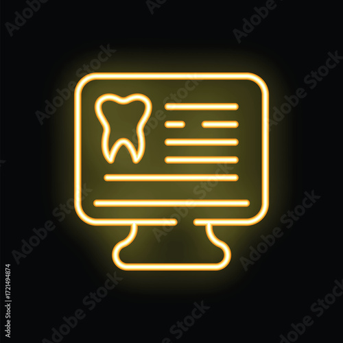 Glowing neon line icon of a computer screen displaying a tooth, symbolizing online dentistry services