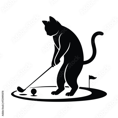Black cat playing golf on a putting green silhouette
