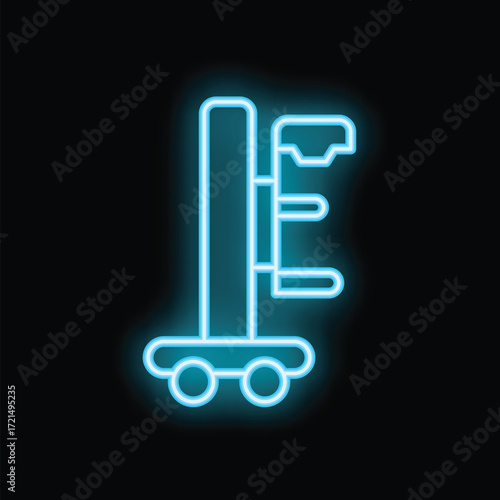 Blue neon sign representing mobile scaffolding tower used for construction works on black background