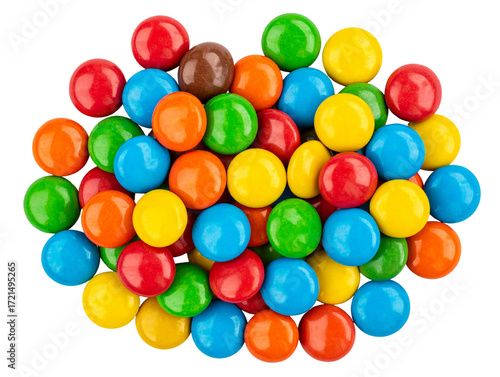  Pile of Assorted Candy Coated Chocolates in Vibrant Colors, Top-Down View, Isolated