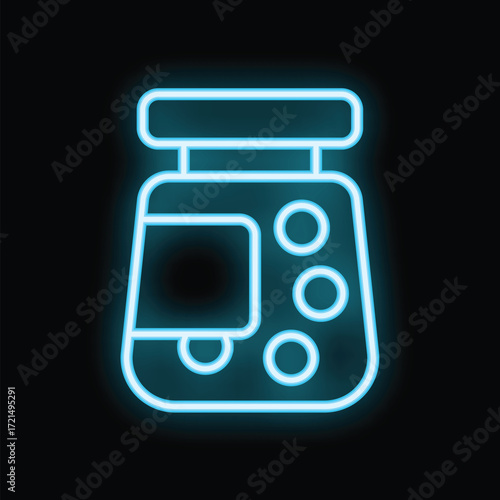 Blue glowing neon icon of a kitchen food processor with a digital screen, representing cooking and food preparation