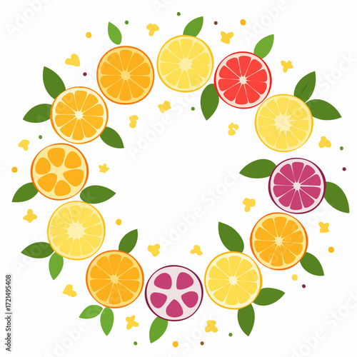 A clean flat lay set of sliced tropical fruits arranged in a circle, simple vector style. Trendy pastel fruit illustration ideal for summer themes, kids’ designs, and decorative projects.